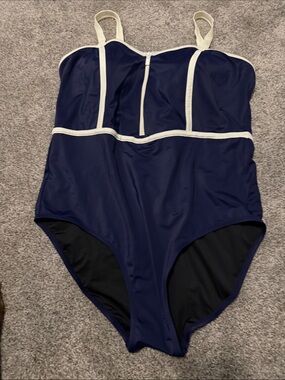 Coastal Blue Navy One-Piece Swimsuit with Cream Trim